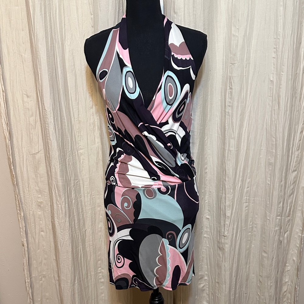 Bebe Backless Multicolor Halter Dress